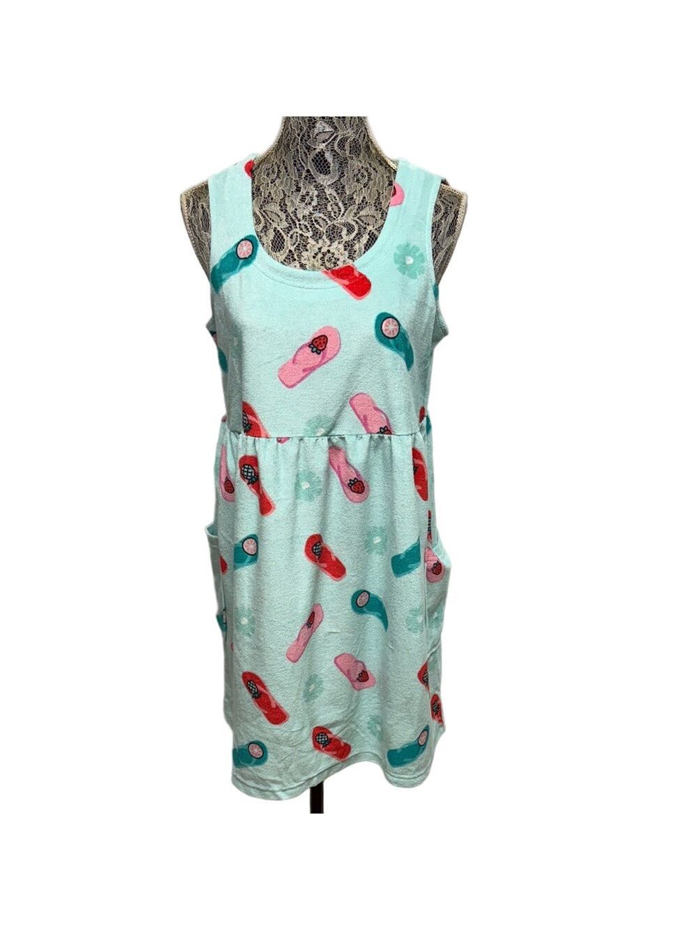 Coral Bay Aqua Red Flip Flop Print Sleeveless Swim Coverup Dress Medium